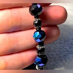 Handmade Iridescent Black and Silver Beaded Stretch Bracelet